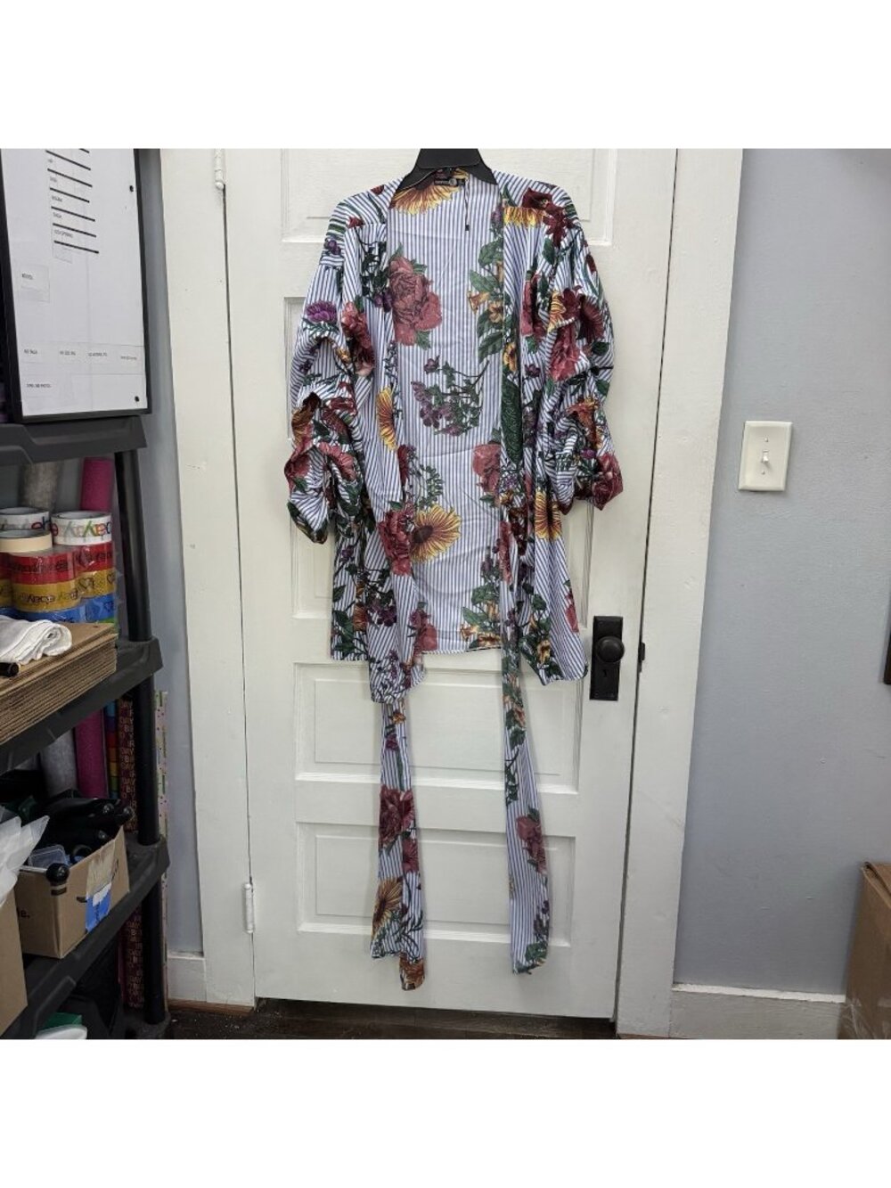 Boohoo Tall Floral Stripe Kimono Duster Tie Waist Balloon Sleeve US 12